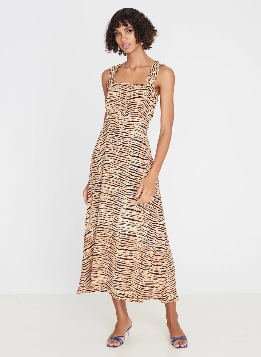 faithfull saint tropez midi dress Faithfull The Brand Saint Tropez Midi Dress Animal Print Beige 60s M NWT  $189