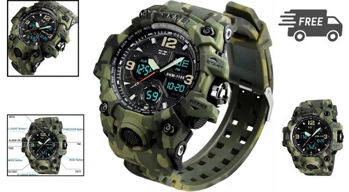 Men's Analog Military Sports Watch Waterproof Dual Timezone LED Backlight - Picture 2 of 11
