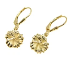 YELLOW GOLD PLATED SILVER 925 HAWAIIAN HIBISCUS LEVERBACK EARRINGS 10MM-15MM