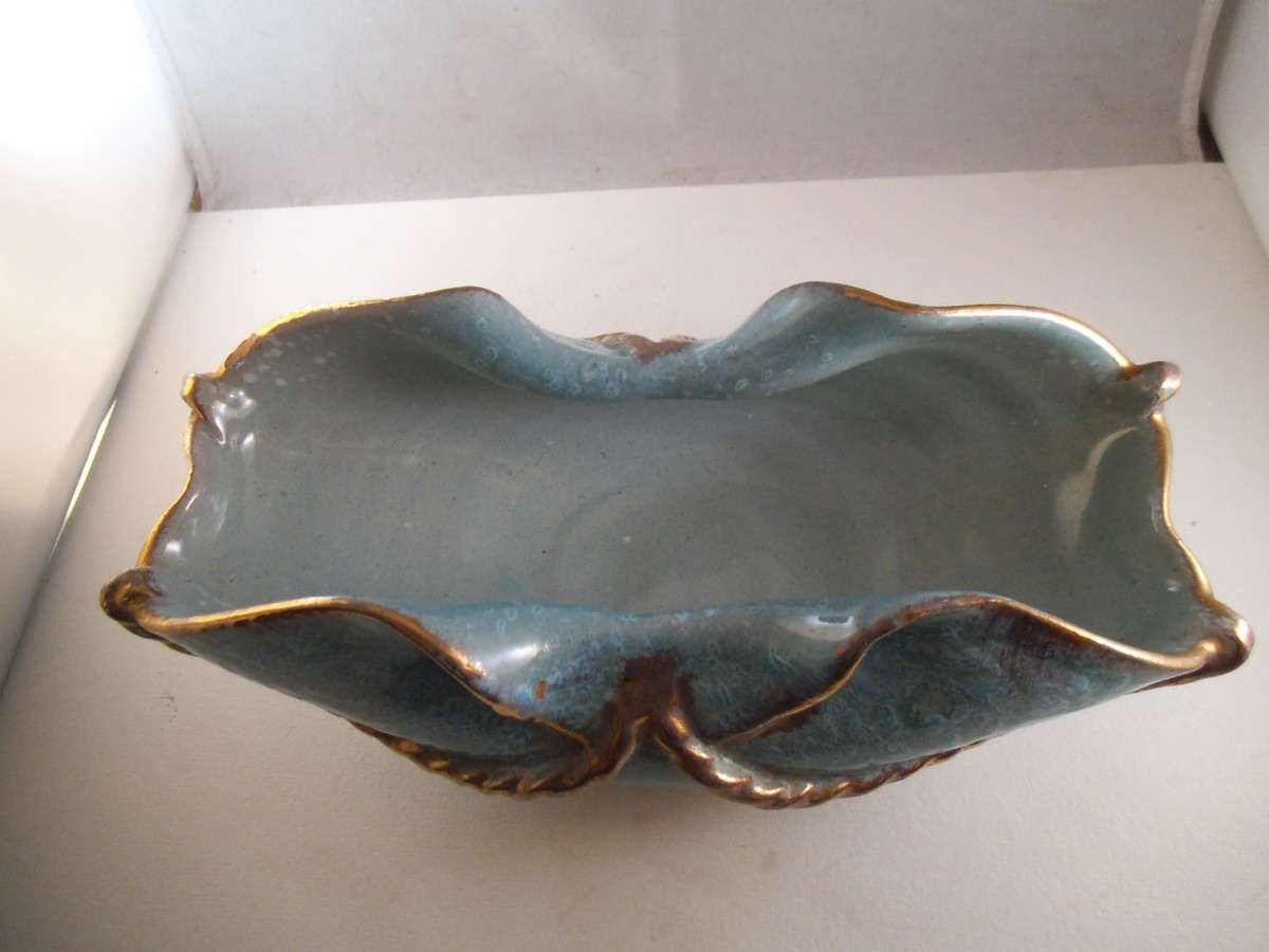 Vintage Italy Ceramic Pottery Boat Shaped Bowl Gold Rope 78