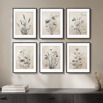Framed Boho Vintage Botanical Wall Art, Set of 6 Black and White Floral Canvas P