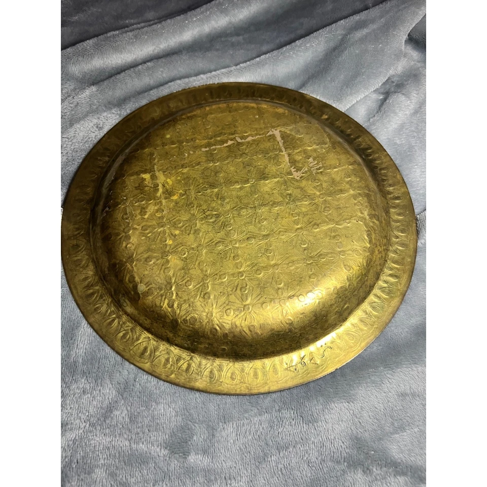Signed Vintage Brass Tray 16" Floral Geometric Etching Middle Eastern Decor - Image 3 of 4