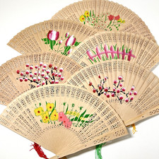 Vintage Pierced Carved Wood Folding Hand Fans Hand Painted Chinese Lot of 6