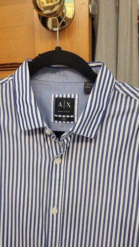 Armani Exchange shirt mens MEDIUM blue slim long Sleeve cotton striped Size M - Picture 2 of 6