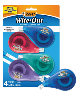BIC Wite-Out EZ Correct Correction Tape, 39.3 ft Tape, White, Pack of 4