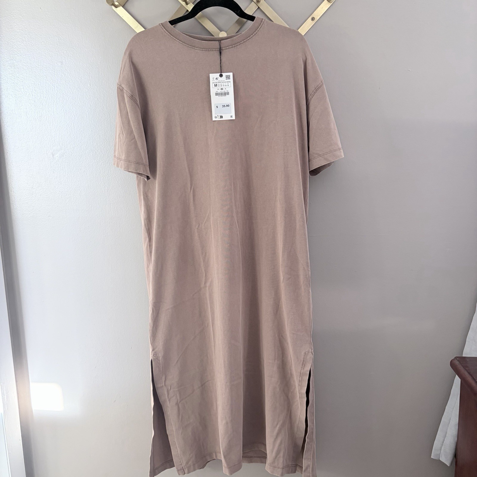 NWT Zara Taupe Cotton Midi T-Shirt Dress Size M Side Slit Mushroom Neutral New