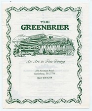 Greenbrier Menus Newman Road Gatlinburg Tennessee An Art in Fine Dining 1990