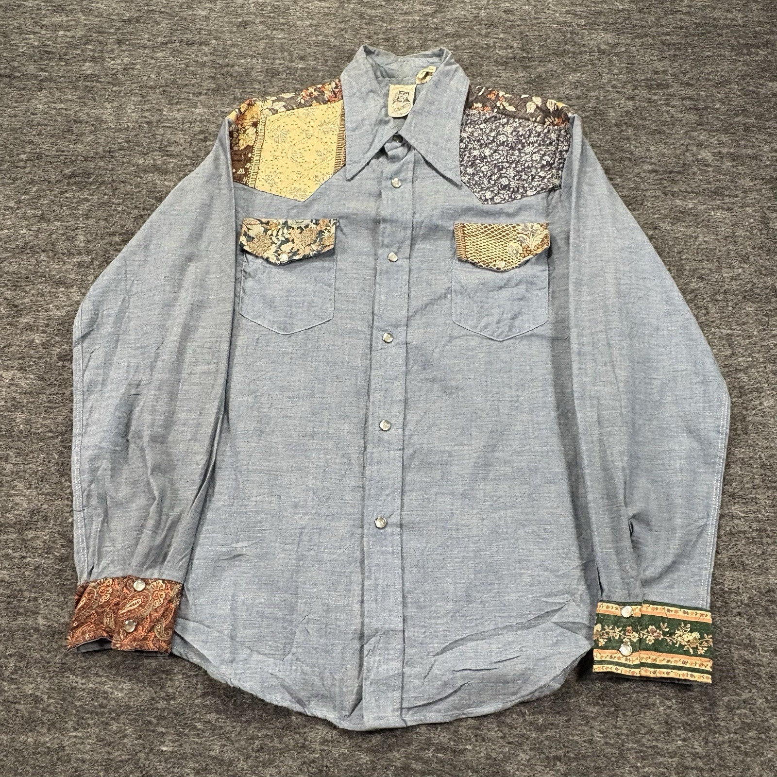 Vtg Kennington Patchwork Pearl Snap Western Shirt Men’s Large Blue