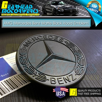 #ad Front AMG Hood Emblem Matte Black Flat Laurel Wreath Badge Mercedes 2 Pins 57mm $24.99