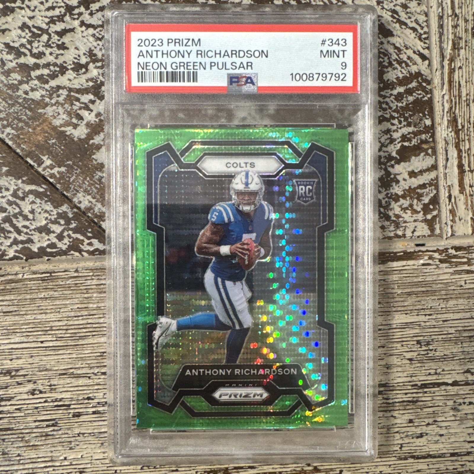 2023 Panini Prizm Anthony Richardson Rookie Neon Green Pulsar #343 PSA 9