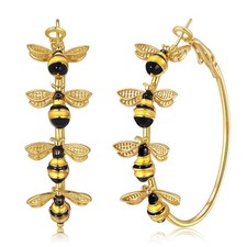 Bee Hoop Earrings Honey Bees Large Gold Hoops Stud Fun Large, yellow