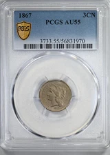 1867 Three Cent Nickel Piece 3CN PCGS AU55