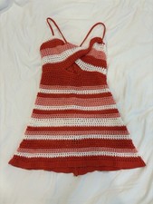 SHEIN Crochet Striped Mini Dress Orange/White/Pink V-Neck Tie Closure, Size S