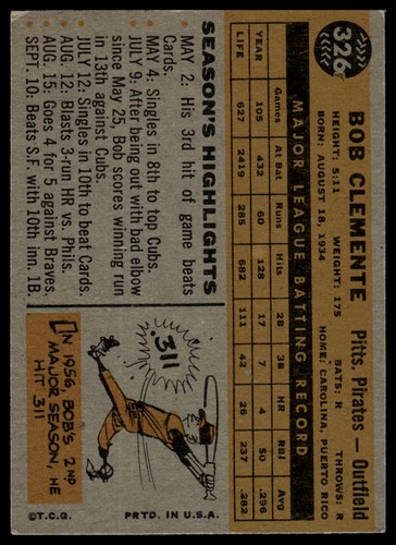 1960 Topps #326 Bob Clemente - Picture 2 of 2