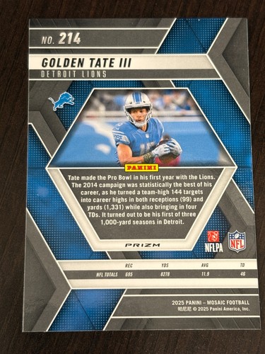 Golden Tate III 2025 Panini Mosaic - Green Mosaic Prizm - Lions - Bild 2 von 2