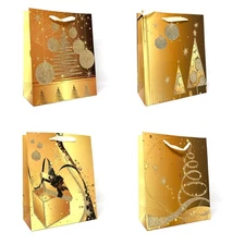 Allgala Christmas Gift Bags 12-PC Golden Glitter Printed on Heavy Stock Paper