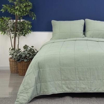 Stonewashed Linen Blend Box Stitch Quilt and Matching Pillow Shams 3pcs Set, ...