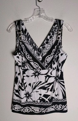 Cache Black White Silver Floral Sleeveless Tank Top Large