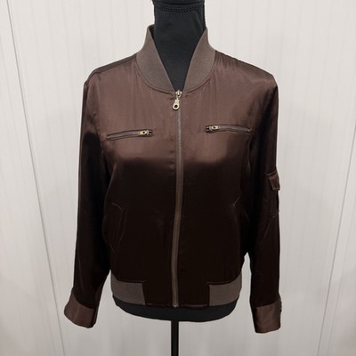 Alexandra Bartlett Women's Brown 100% Silk Full Zip Lightweight Bomber Jacket