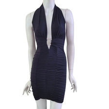 Sleeveless Deep V-Neck Ruched Mini Dress Black Bodycon Party Clubwear S