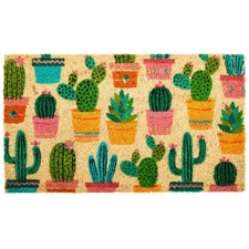 Juvale Natural Coco Coir Door Mat with Cactus Design for Outside, 17 x 30 Inch
