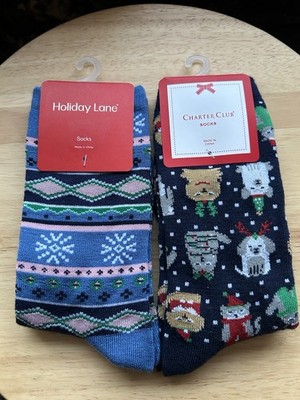 NWT Christmas Holiday Socks Two Pair Fair Isle Snowflake /Cat Dog Xmas Gift $16