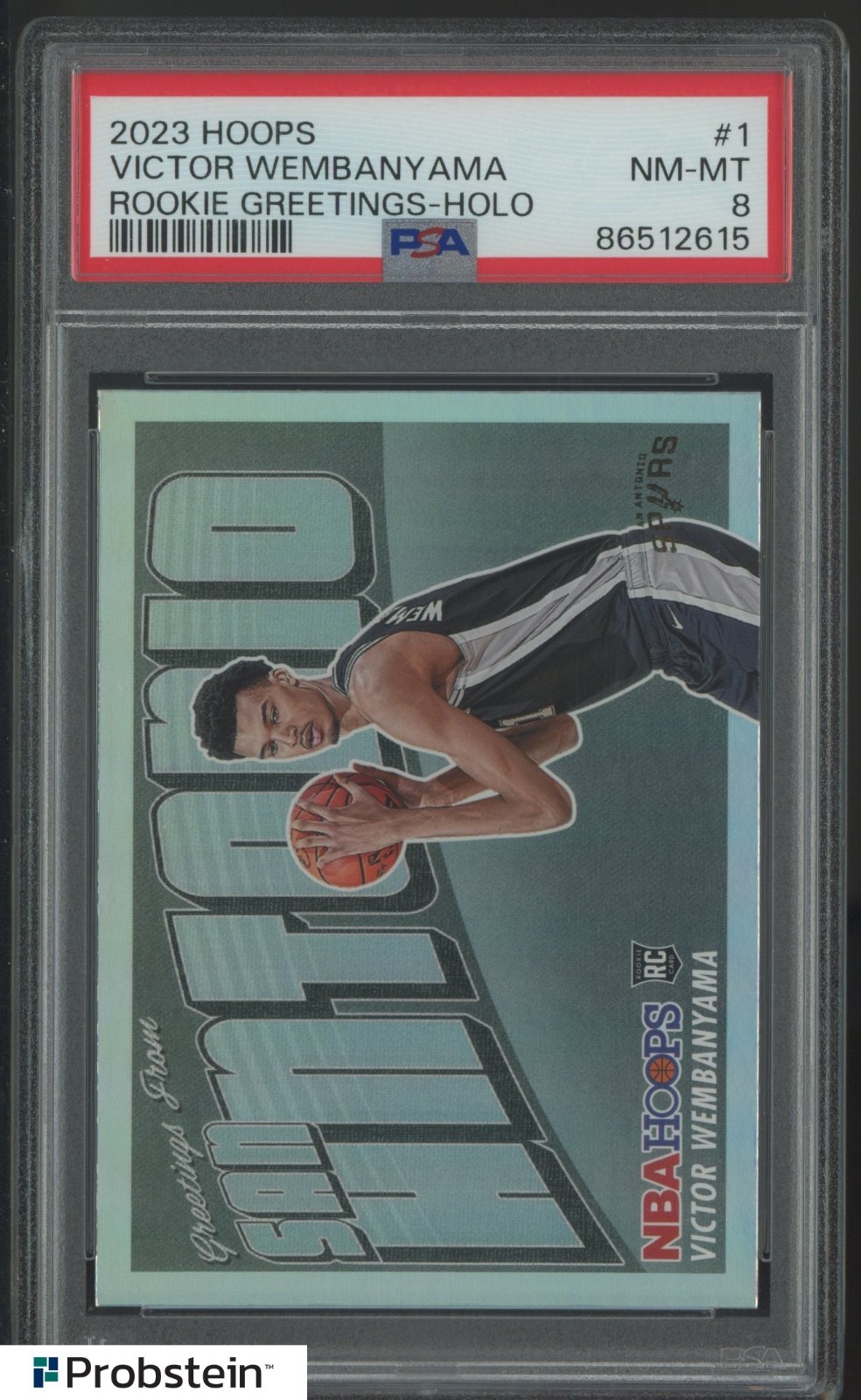 2023-24 Hoops Rookie Greetings Holo #1 Victor Wembanyama RC Rookie PSA 8 view 1