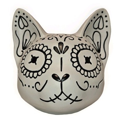 Sugar Skull Cat Head Sculpture Day Of The Dead Black White Resin Decorative 
