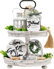 Set of 16 Farmhouse Tiered Tray Decor with 1 Lantern Artificial Plant& Cutting B