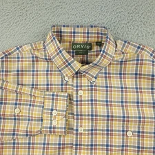 Orvis Shirt Mens Large Yellow Blue Plaid Button Down Trim Fit Cotton Casual