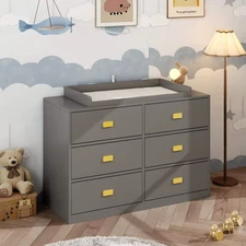 Gray 6-Drawer Changing Table with Safety Topper and Gold Pulls for Nursery Stora