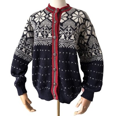 1980er Vintage reine Wolle gestrickt nordisch Gobelin Fairisle Stil Muster Cardigan