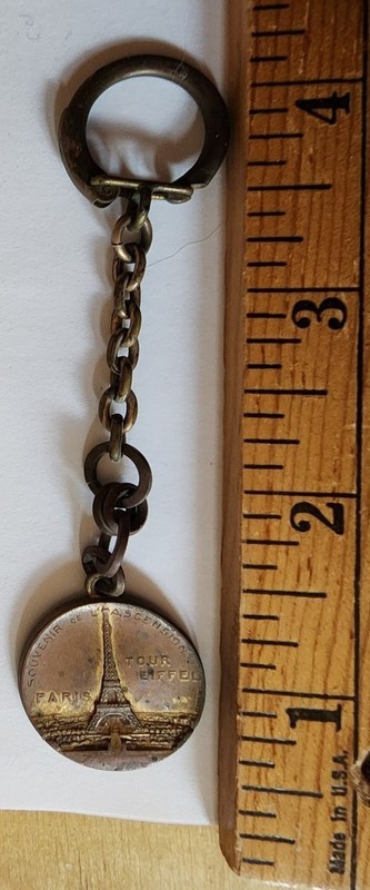 PARIS souvenir key chain coin of the  Eiffel Tower.  France 1930s/40s. tarnished