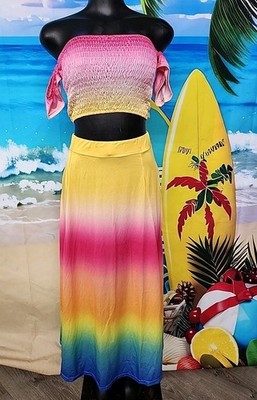 No Tag Unbranded  Women's Rainbow Smocked Top & Long Skirt  Set Size Medium.