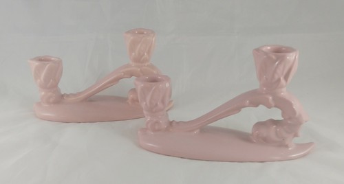 Haeger Vintage Art Deco Pottery Muted Pink 7" x 4" Candle Holders, Mid Century - Picture 2 of 7