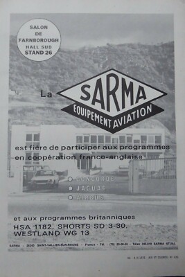 9/1976 PUB SARMA SAINT VALLIER SUR RHONE FACTORY SALON FARNBOROUGH FRENCH AD