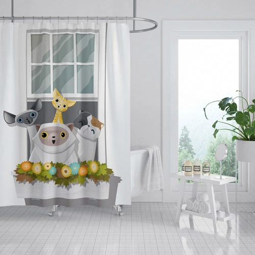Cartoon Cat Animal Bathroom Shower Curtain Waterproof Curtains With Hooks Home - Picture 4 of 13