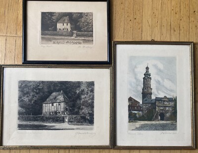3 alte Radierungen Weimar Goethes Gartenhaus & Schloß  ️sign. 28x20 Holz Rahmen