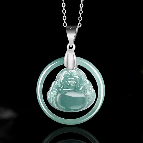 Natürliche Grade A Jade Jadeit S925 Silber Lucky Circle lachende Buddha Halsketten - Bild 1 von 7