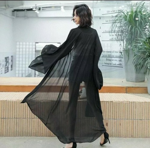 Beautiful Women's Kimono Sleeve Chiffon Kimono Cardigan Maxi Duster Black 1XL - 第 2/3 張圖片