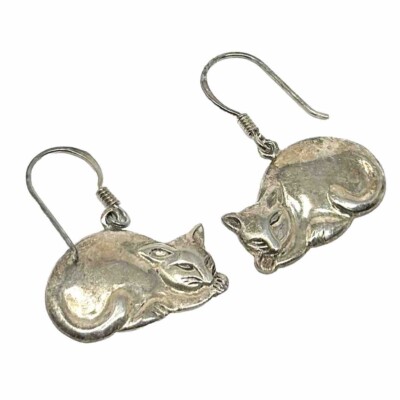 Vintage Sterling Silver 925 Cat Drop Earrings