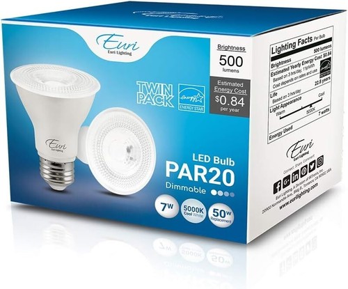 Euri Lighting LED PAR20 Bulb 7W, 5000K 120V, Dimmable, 500lm, 80 CRI Pack of 24 - Picture 7 of 7
