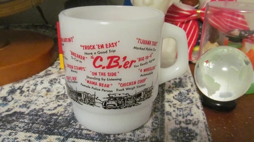 VINTAGE FIRE KING MILK GLASS COFFEE MUG C.B.'ER CB RADIO LANGUAGE