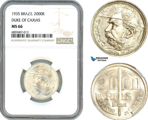AI416, Brazil, 2000 Reis 1935, Silver, Duke of Caxias, NGC MS66