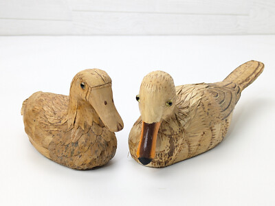 VTG Lot of 2 Tan Corn Husk DUCK DECOY Figurine Rustic Cottage 7'' & 11'' Long