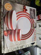 Gibson Home Sunset Stripes 12 Piece Round Fine Ceramic Dinnerware Set in Red