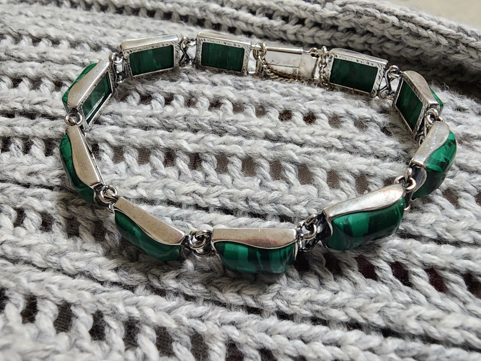Sterling Silver Rectangular Green Malachite Chain… - image 1