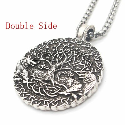  Mens Norse Viking Amulet Fenrir Wolf Celtic Tree of Life Pendant Necklace