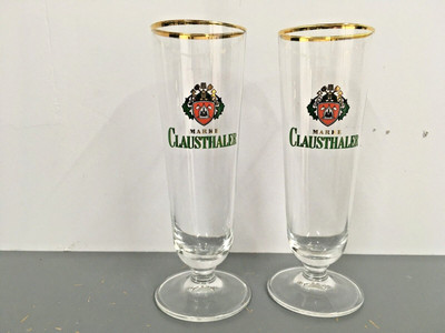 Set of 2 Marke Clausthaler .2 Liter Gold Rim Footed Pilsner Beer Glasses Germany