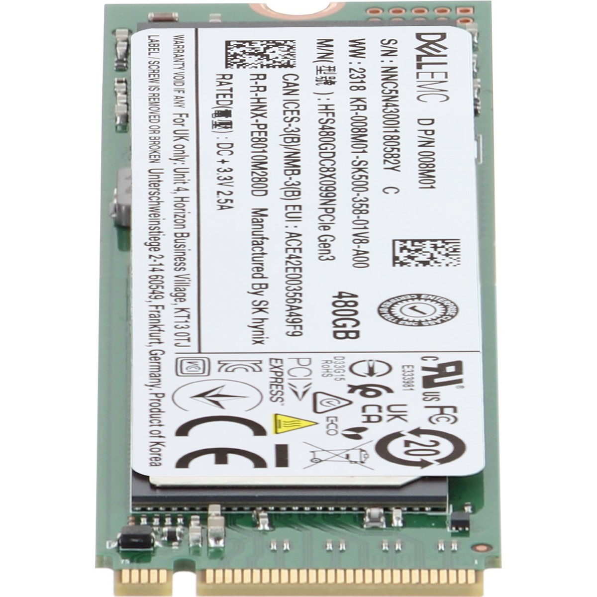 Dell 480GB PCIe Gen3 NVMe RI TLC 2280 M.2 SSD PE8010 (08M01 Dell 480GB PCIe Gen3 NVMe RI TLC 2280 M.2 SSD PE8010 (08M01